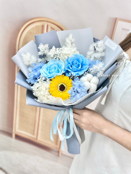 藍玫瑰向日葵繡球花束(M Size)