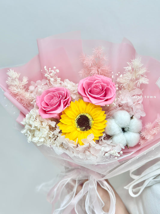 粉玫瑰向日葵繡球花束(M Size)