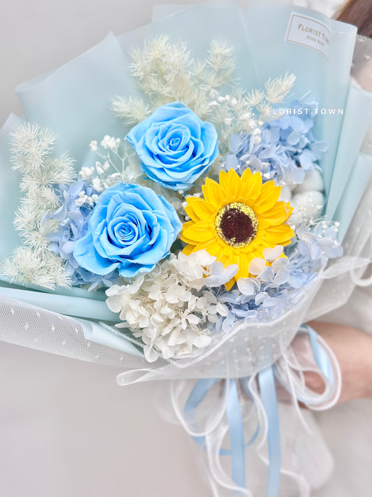 藍玫瑰向日葵繡球花束(M Size)