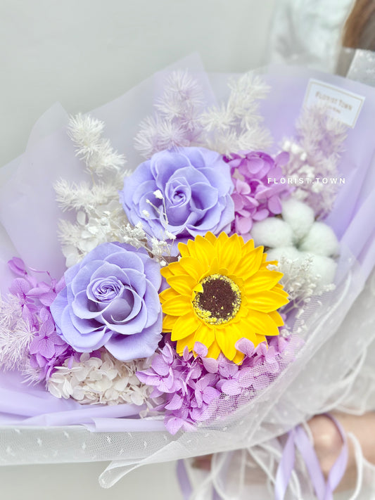 紫玫瑰向日葵繡球花束(M Size)