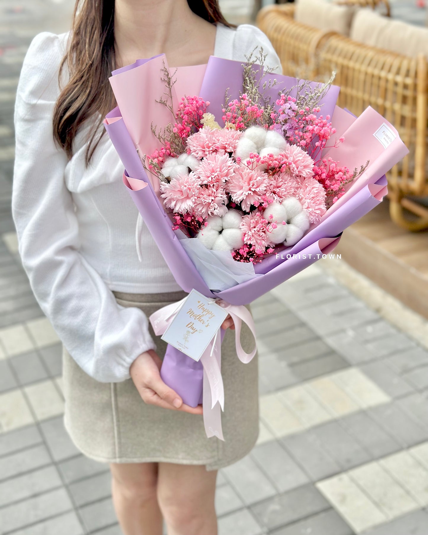 粉紫康乃馨木棉花花束 L SIZE
