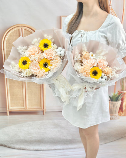 香檳玫瑰向日葵繡球花束（L Size）